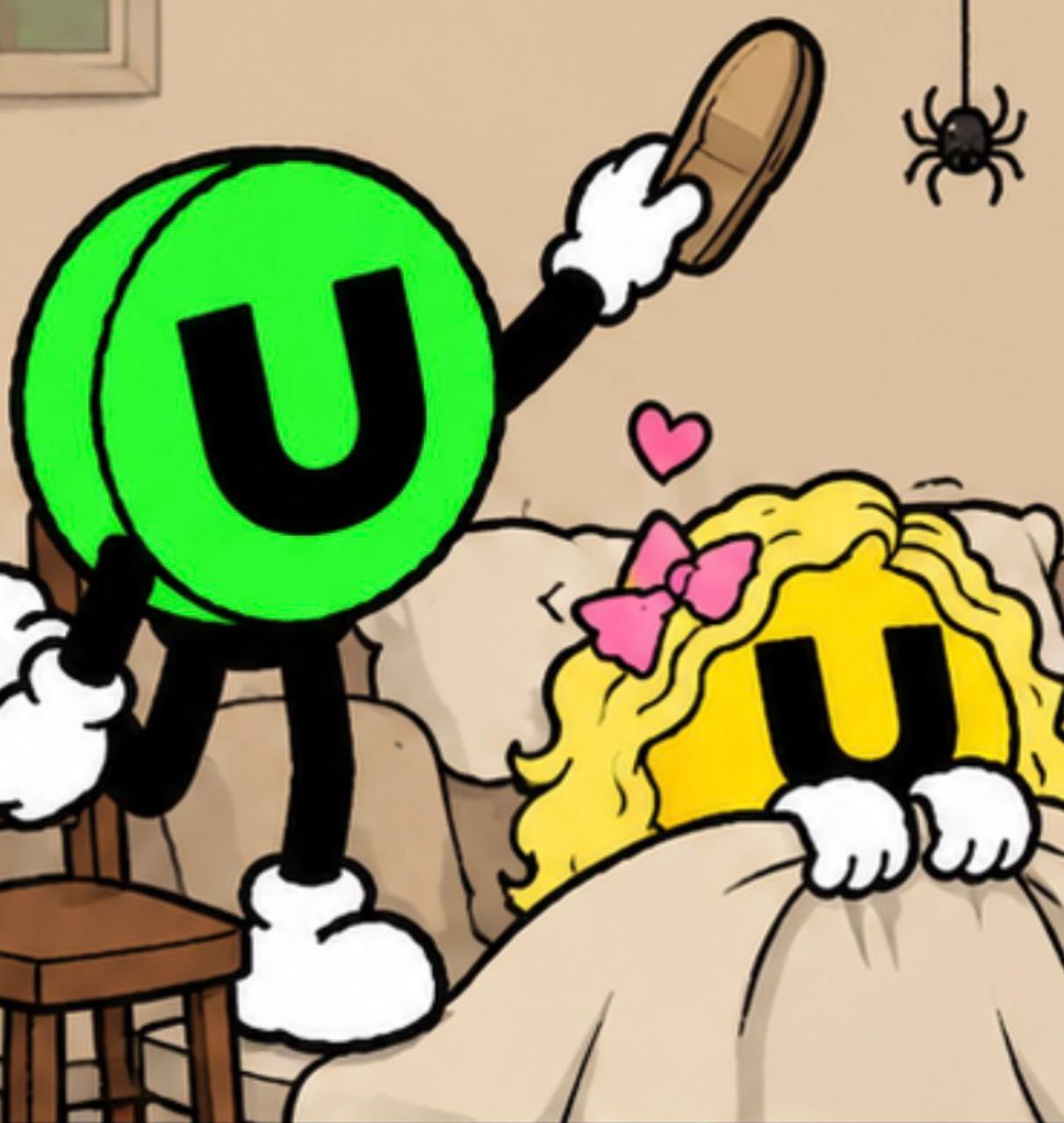 USEFUL confronts a small spider with a slipper while USELESS hides in bed.